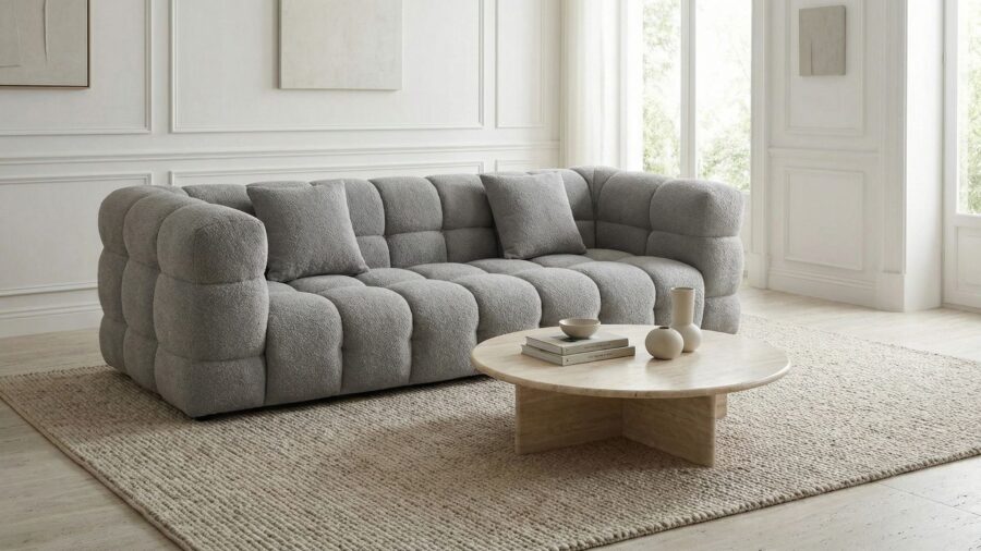 canape 3 places gris tissu bouclette