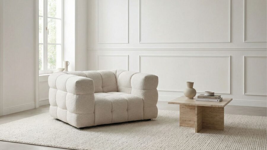 fauteuil beige tissu bouclette