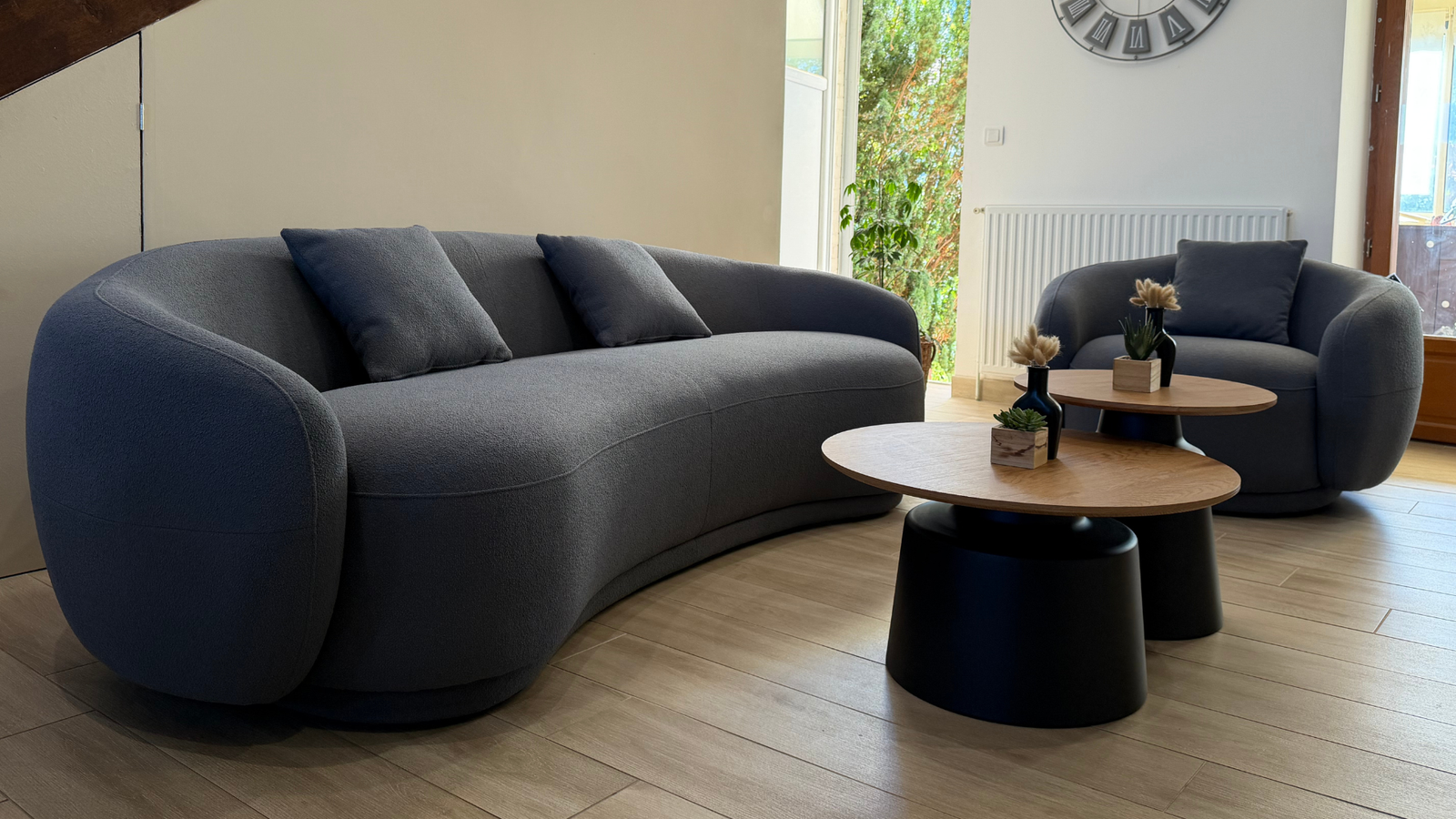 ensemble canape arrondi fauteuil anthracite bouclette