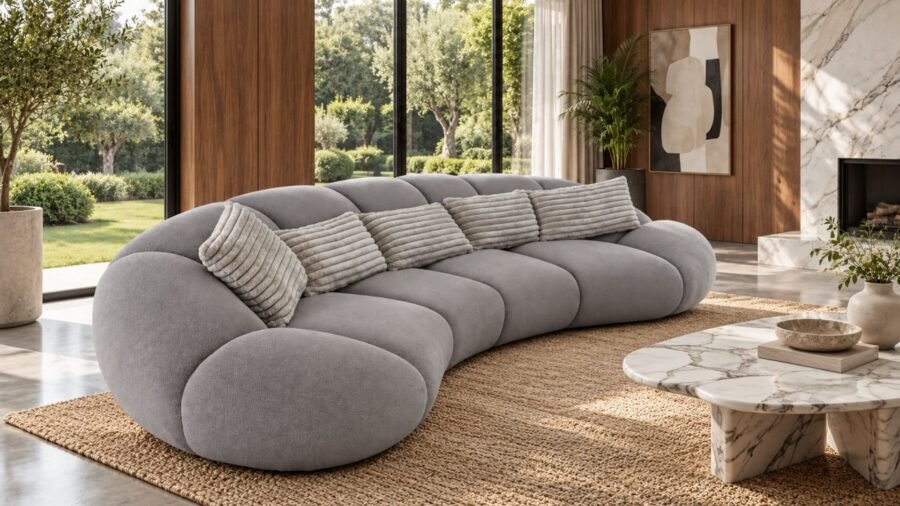 canape arrondi 4 places en tissu bouclette gris